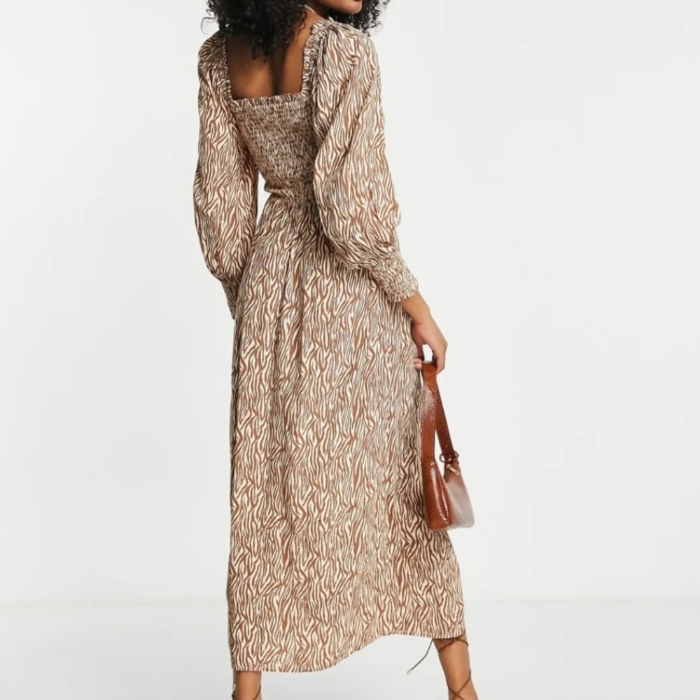 River Island Animal Print Shirred Midi Dress In Brown - Picture 5 of 7